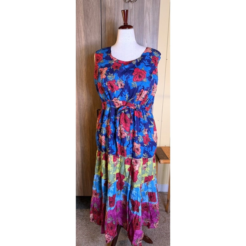 459. Boho Retro Woman Within Floral Tiered Cotton Maxi Dress 22W Sleeveless - Picture 2 of 6